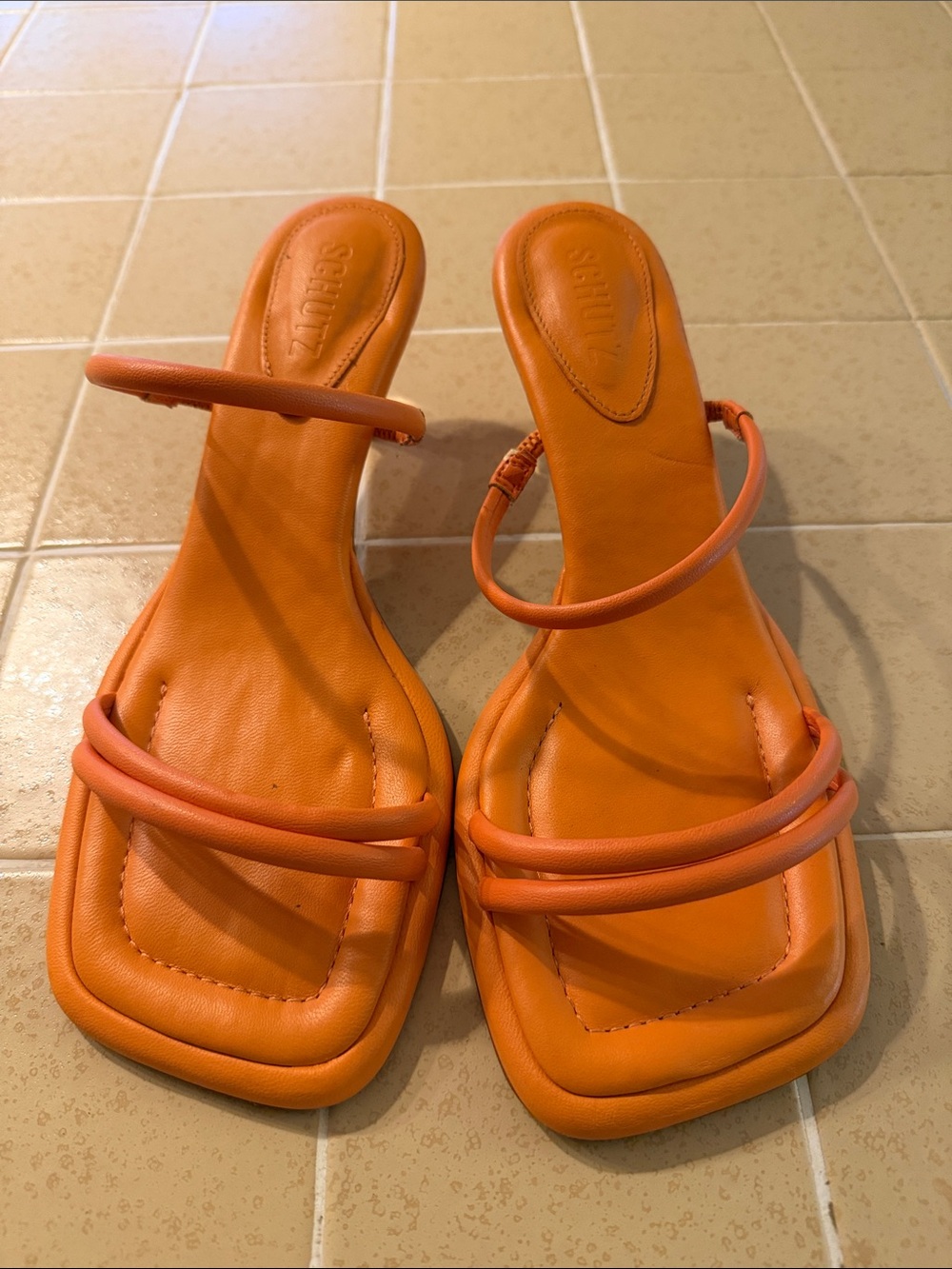 SCHUTZ Orange Strappy Square-Toe Heeled Sandals
